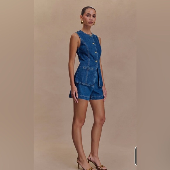 Meshki Indigo Denim Buttoned Vest & Shorts Set - Picture 2 of 5